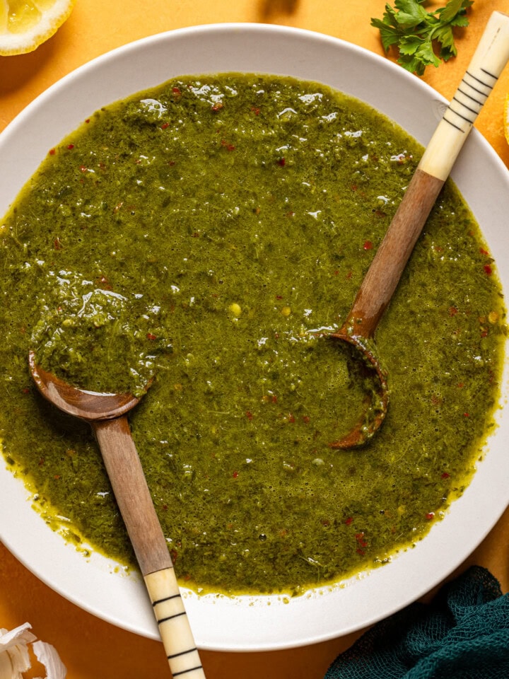 Up close shot of chimichurri sauce.