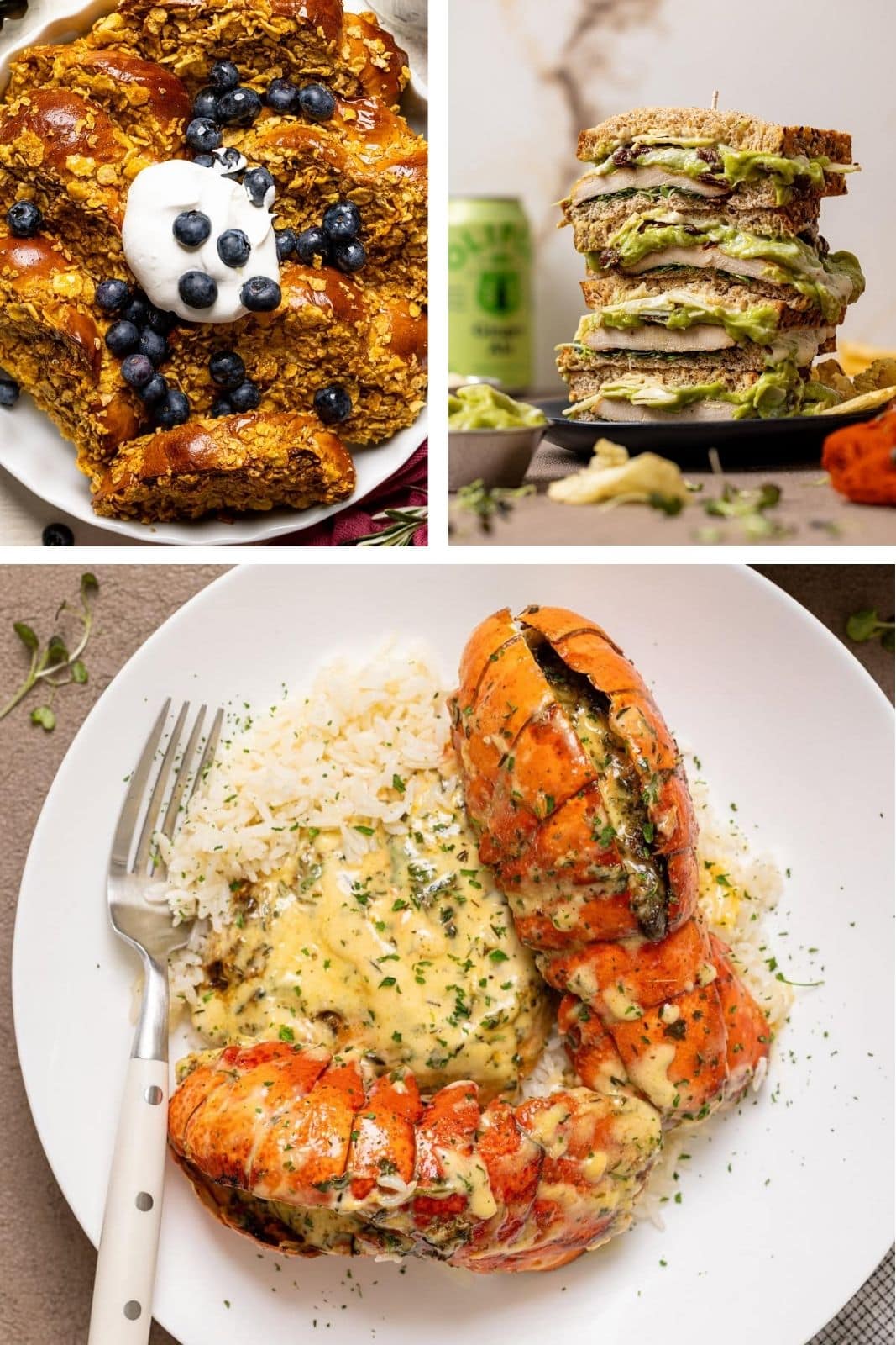 Collage of french toast, sandwich and a lobster dish.