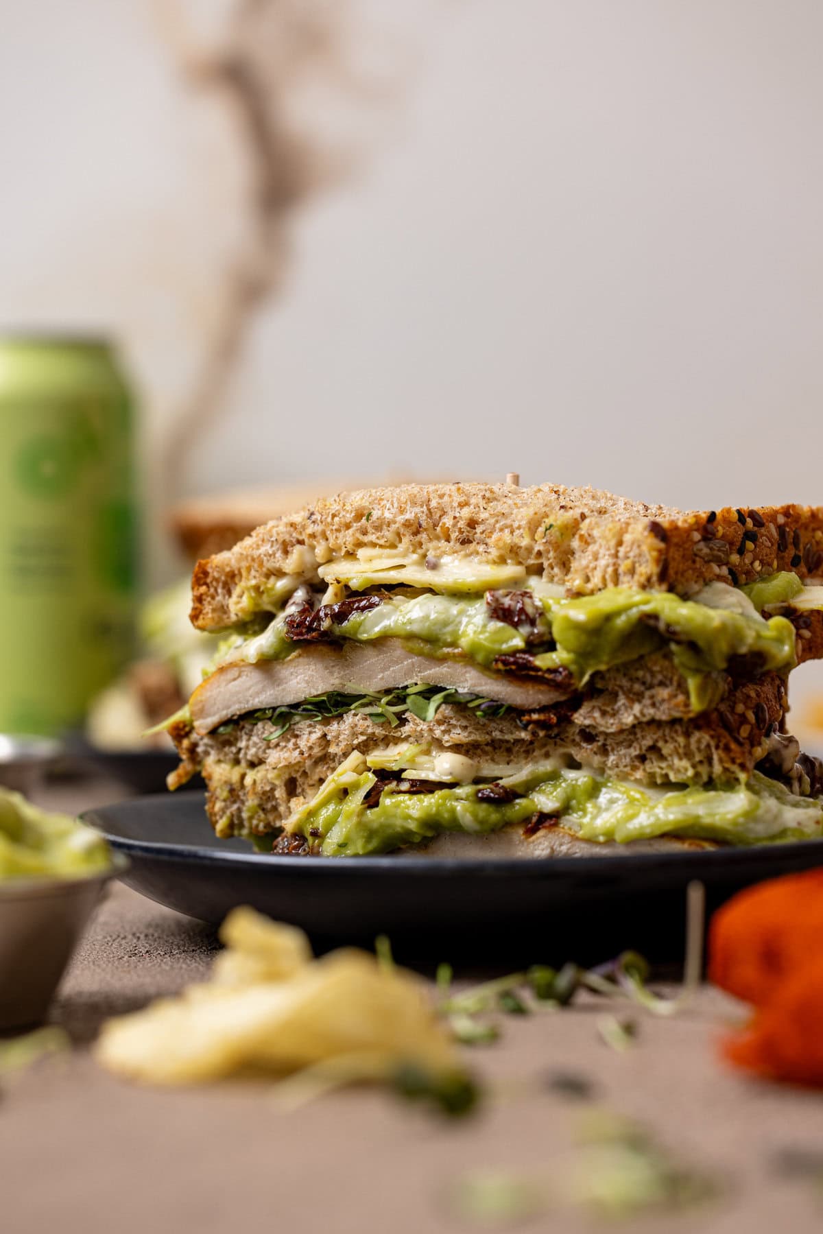 Up close shot of chicken avocado sandwich.