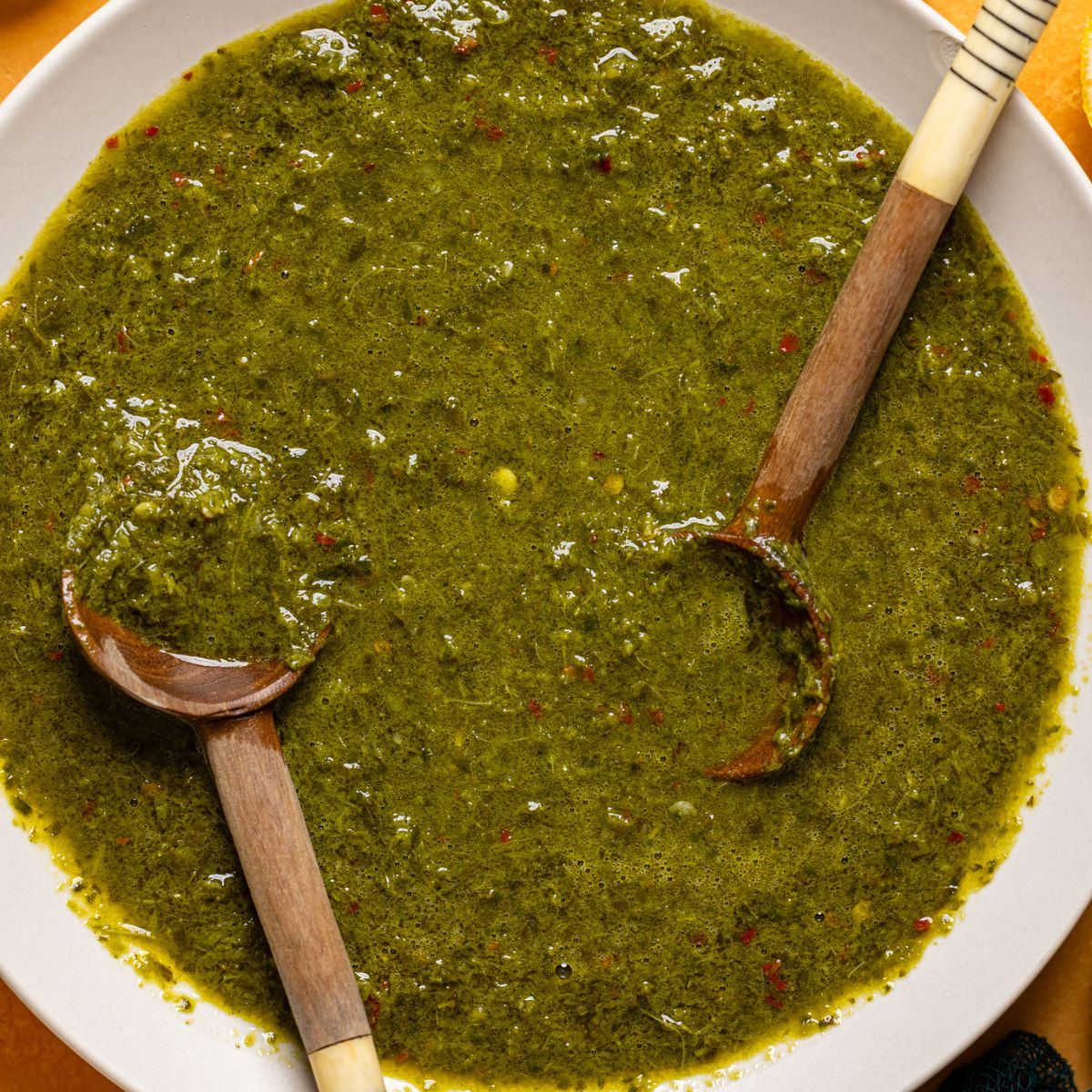 Up close shot of chimichurri sauce.