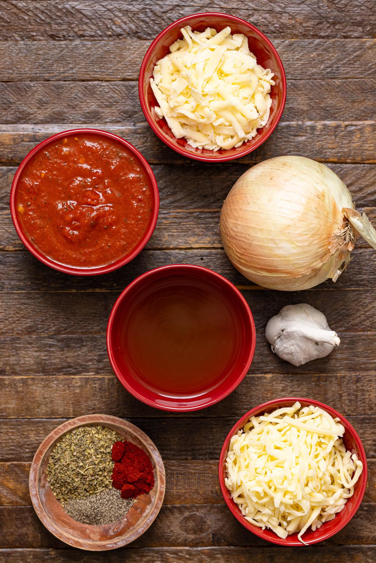 Ingredients on a brown wood table.