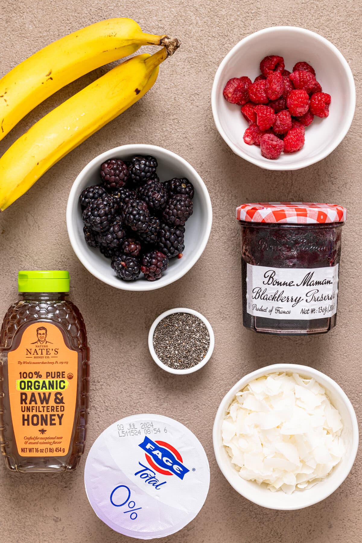 Ingredients on a brown-greyish table.