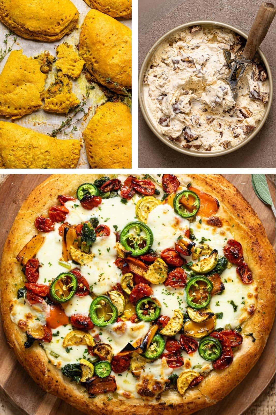 Collage of ice cream, jamaican patties and veggie pizza.