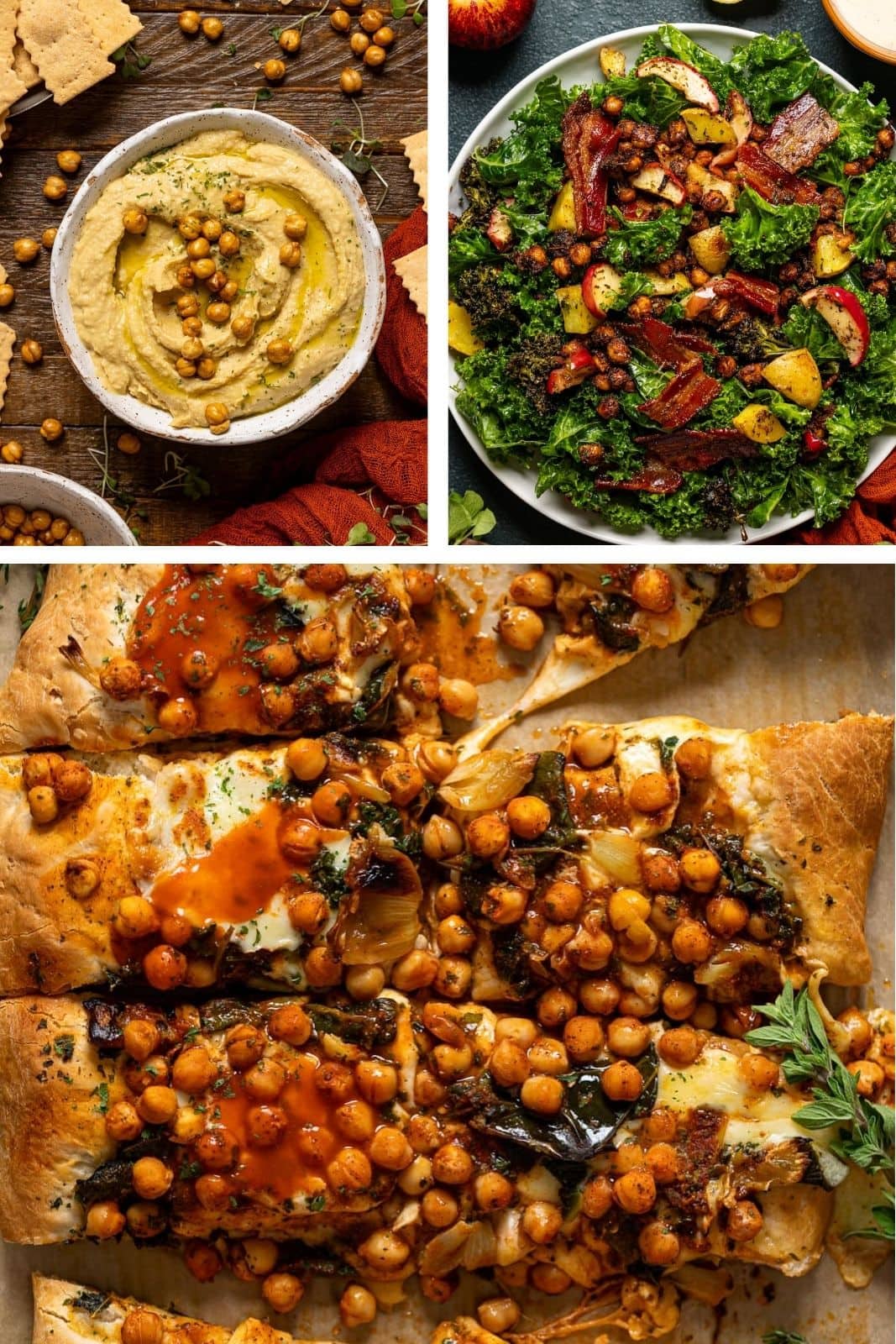 Three chickpea recipes in a collage.