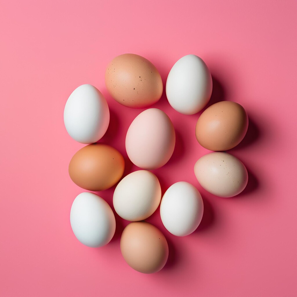 Uncracked eggs on pink background.