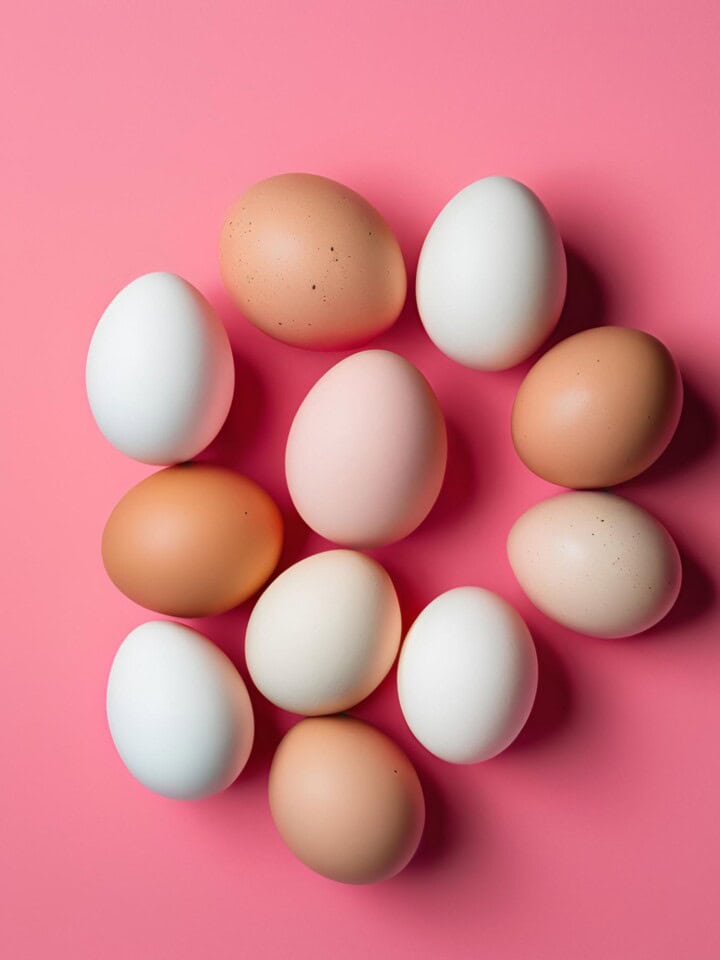 Uncracked eggs on pink background.