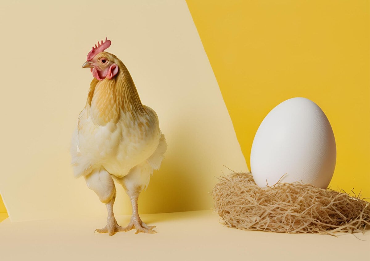 A chicken next to an egg.