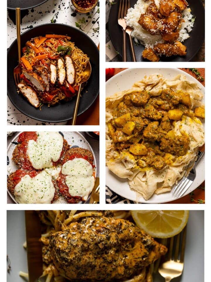 Collage of chicken breasts recipes.