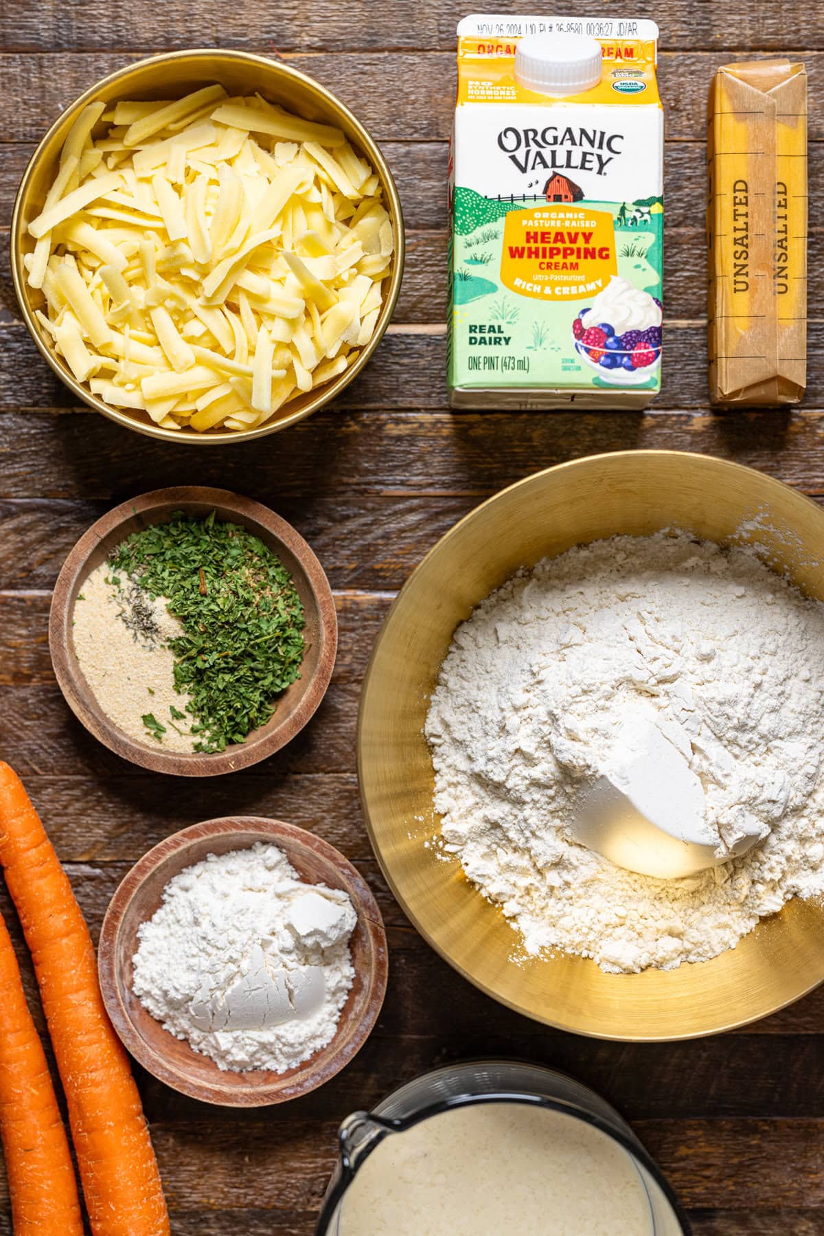 Ingredients on a brown wood table.