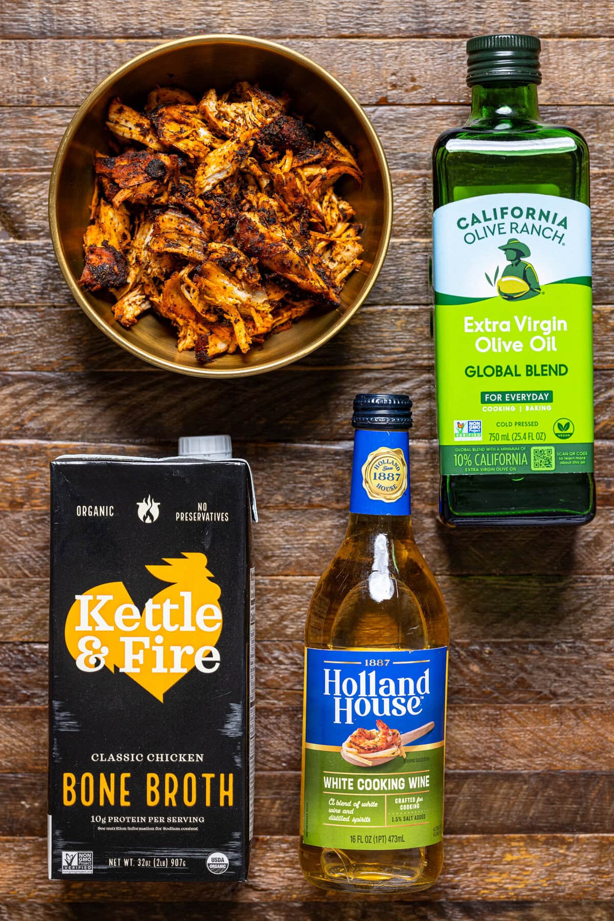 Ingredients on a brown wood table.