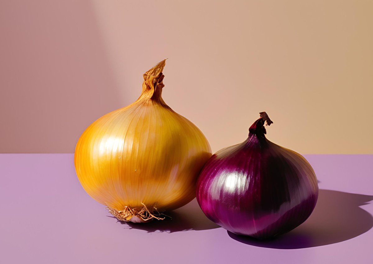 a purple and brown onion next to each other