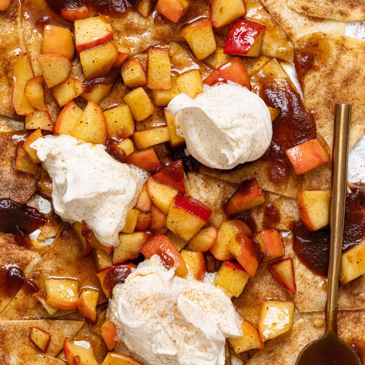 Up close shot of dessert nachos with whipped cream and a spoon.