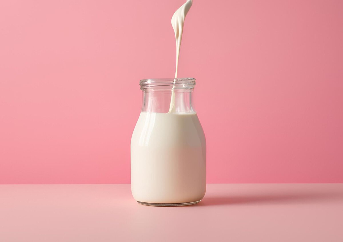 Heavy cream in a glass container being poured.