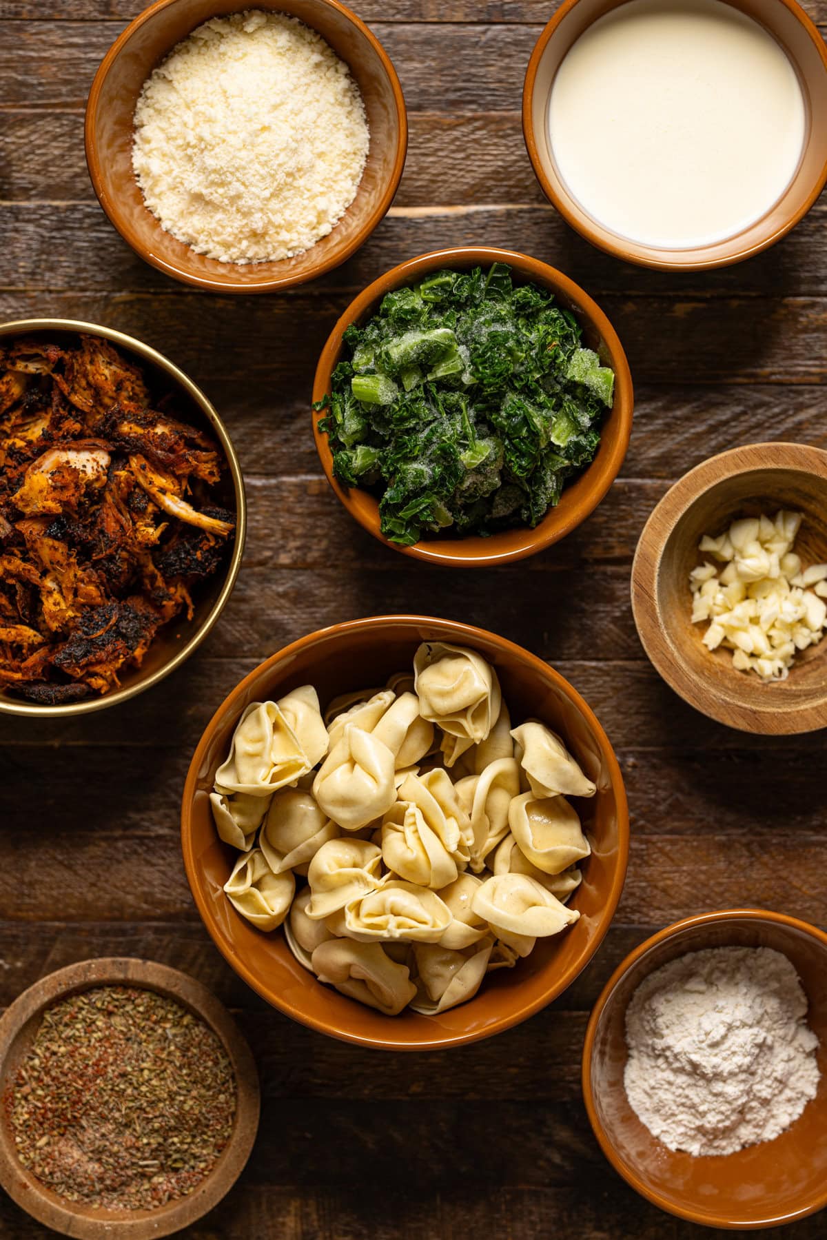 Ingredients on a brown wood table.