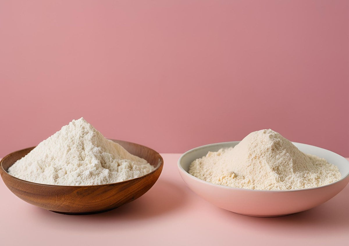 Two bowls of flour next to eachother.