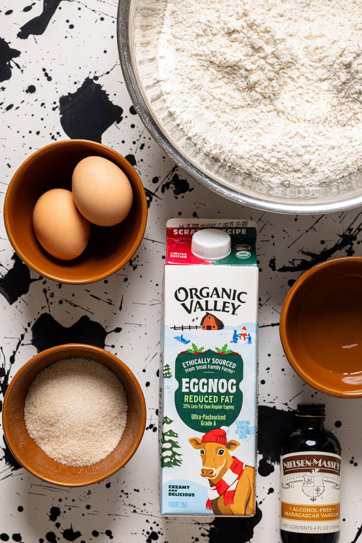 Ingredients on a black + white splatter table.