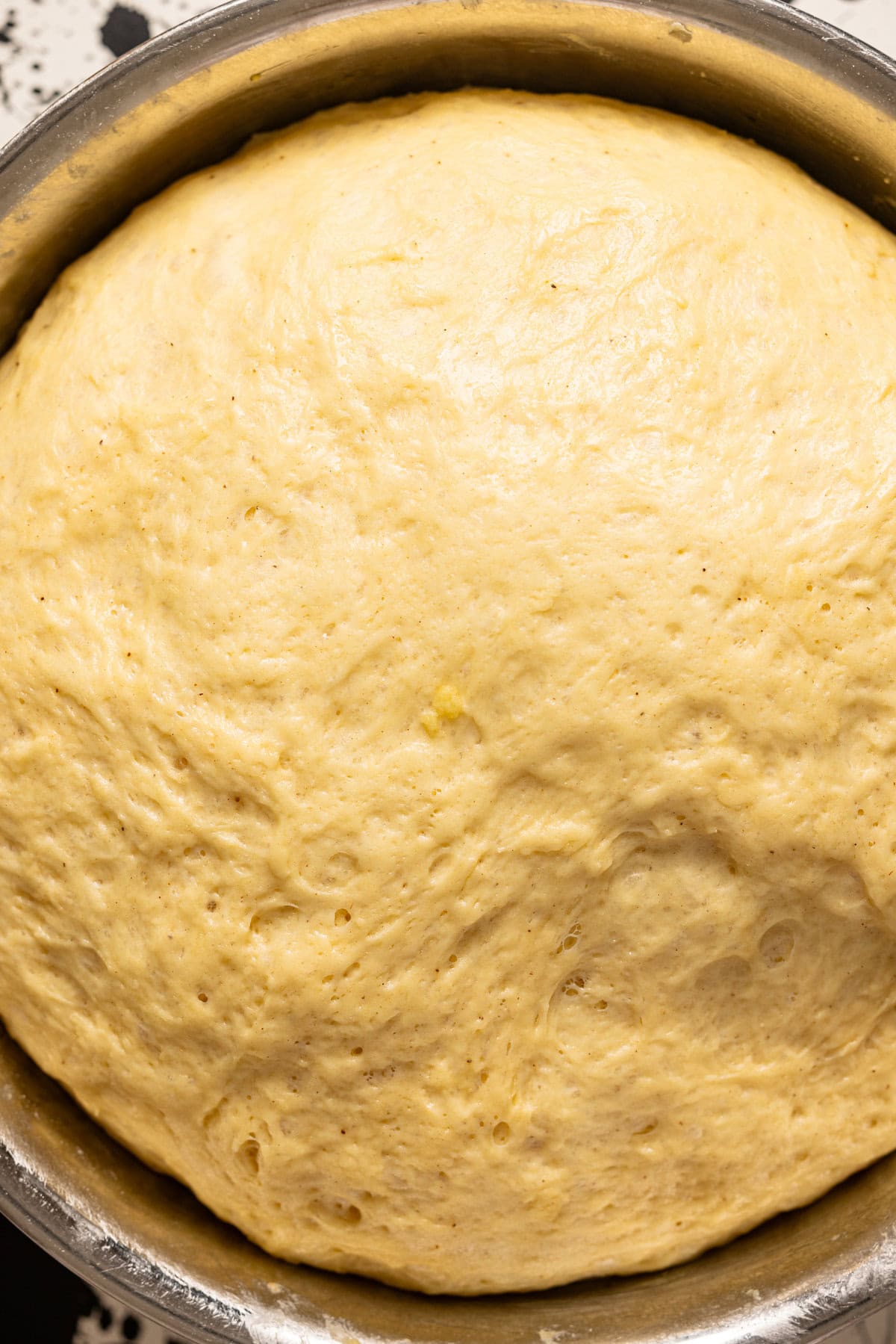 Risen dough in a silver bowl.