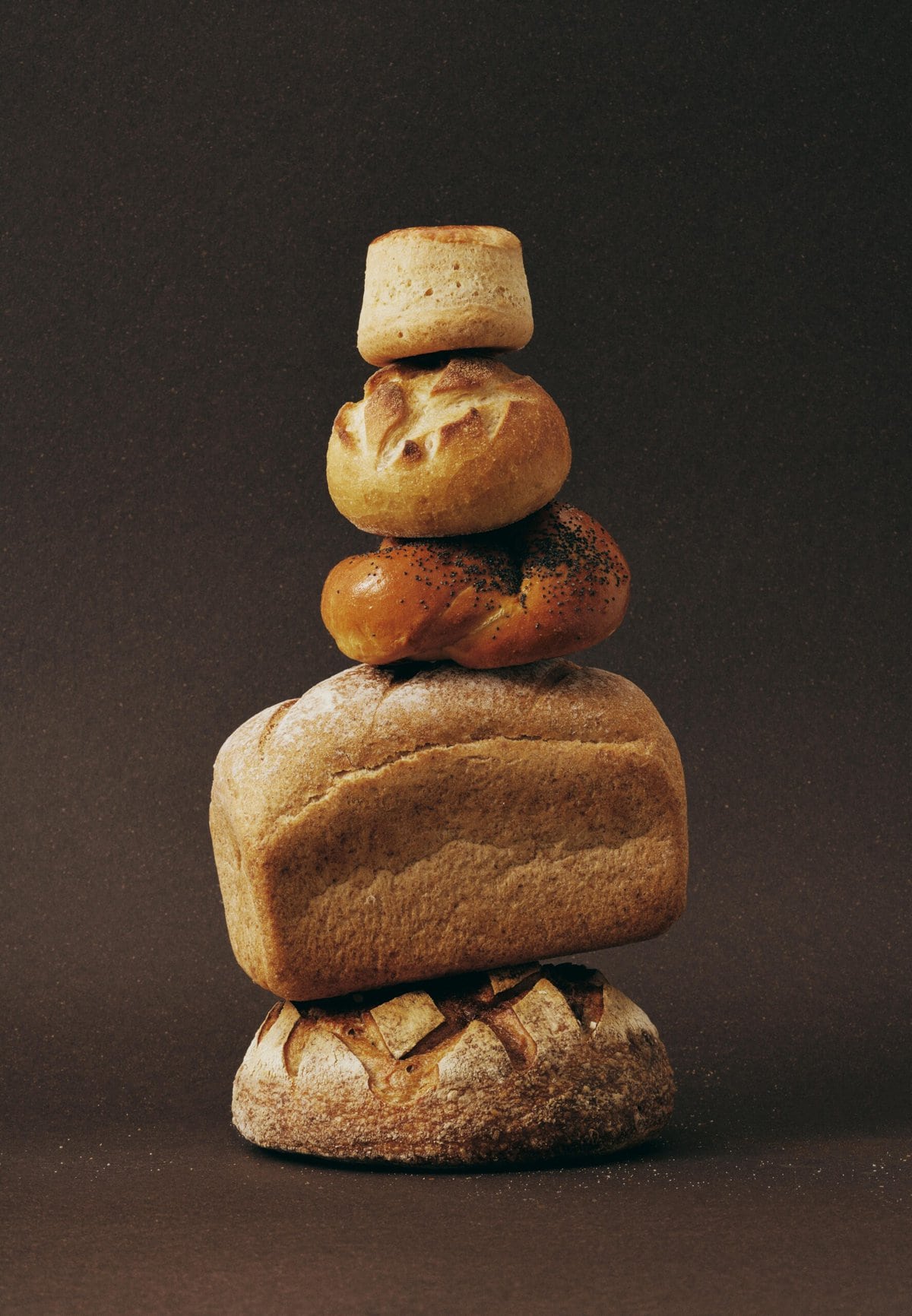 Different breads stacked onto eachother.