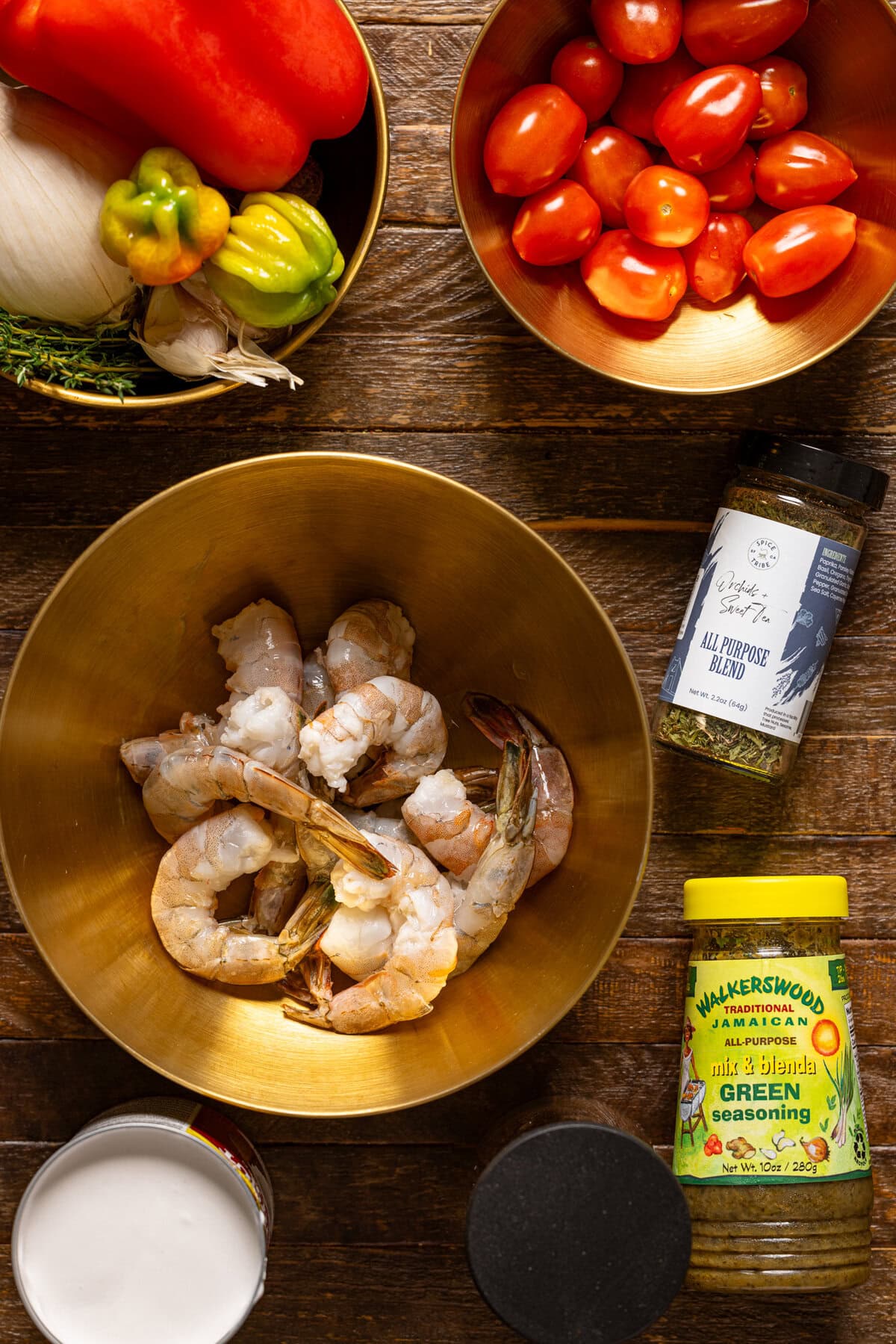 Ingredients on a brown wood table.