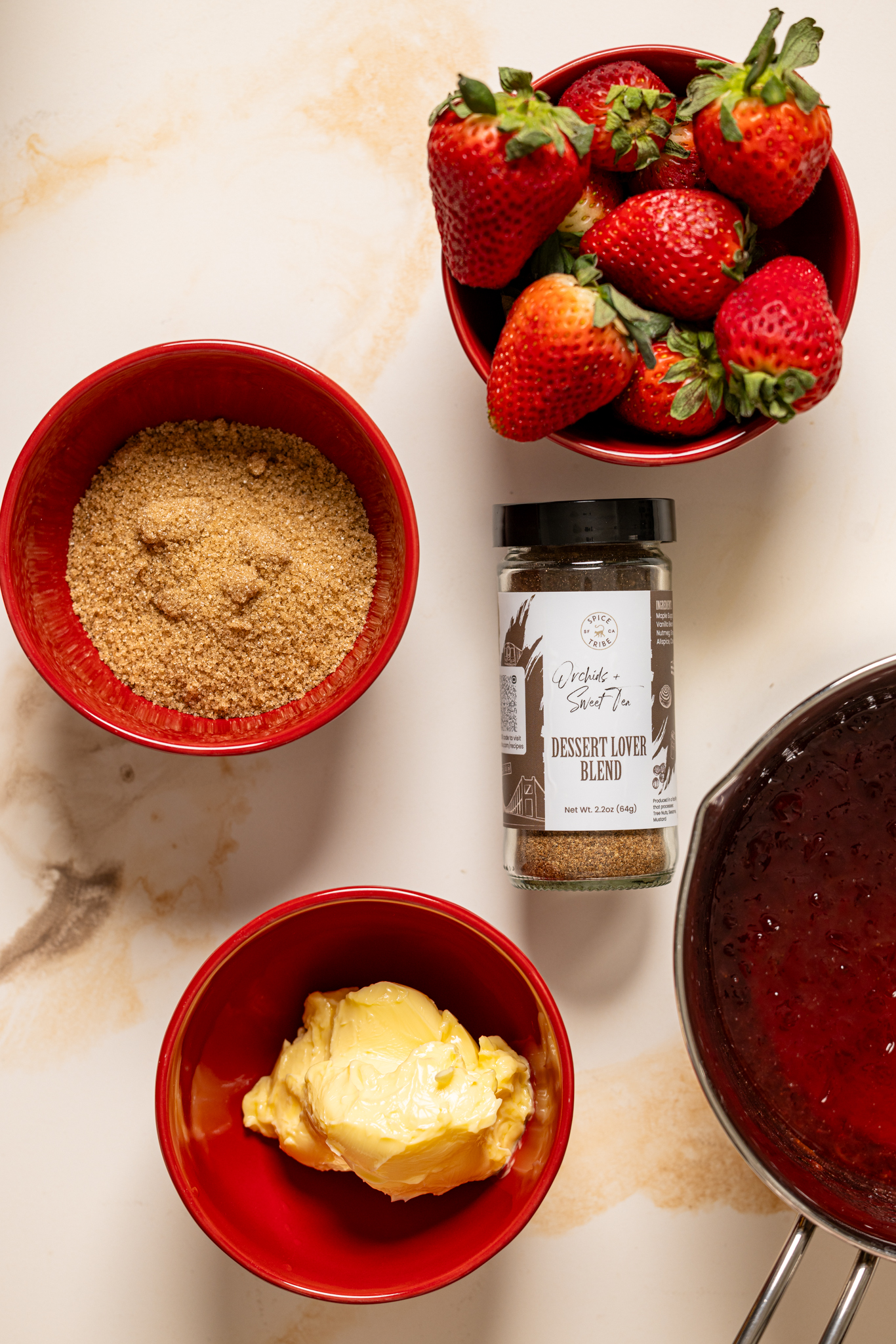 Ingredients on a marble table. 